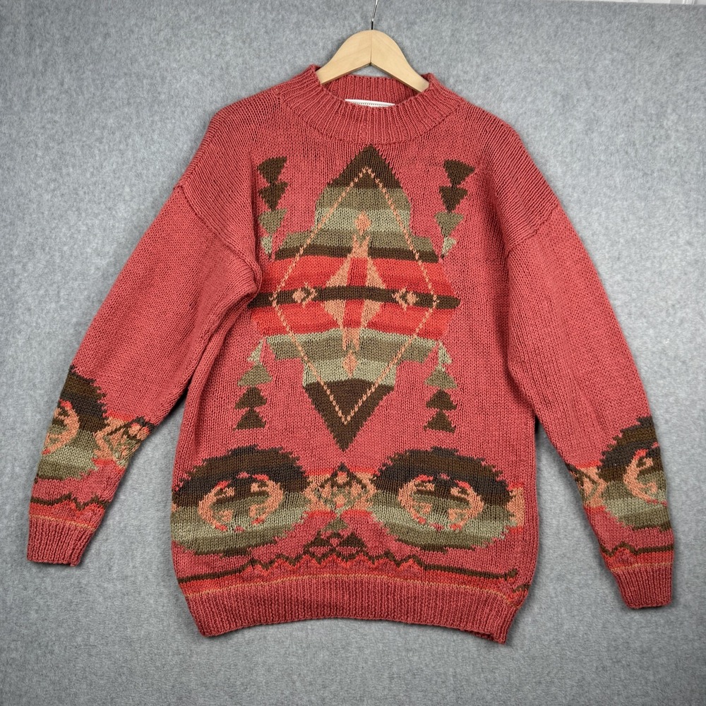 VTG Melbourne‎ Country Sweater Womens Medium Pink Southwestern Hand Knit Aztec